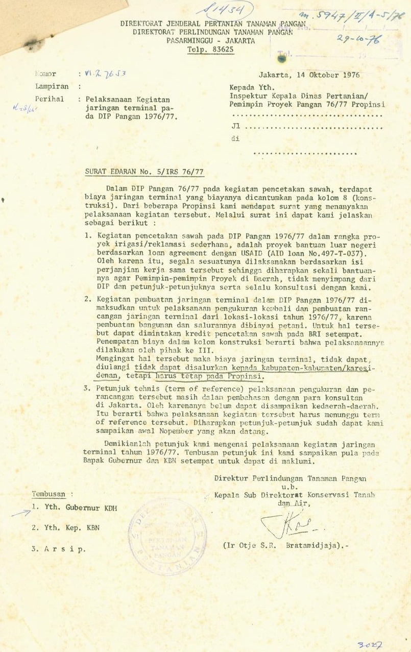 Surat edaran No 5/IRS.1976/1977 tentang pelaksanaan kegiatanjaringan teminal pada DIP Pangan 1976/1977 dari Direktorat Perlindungan TanamanPangan.
