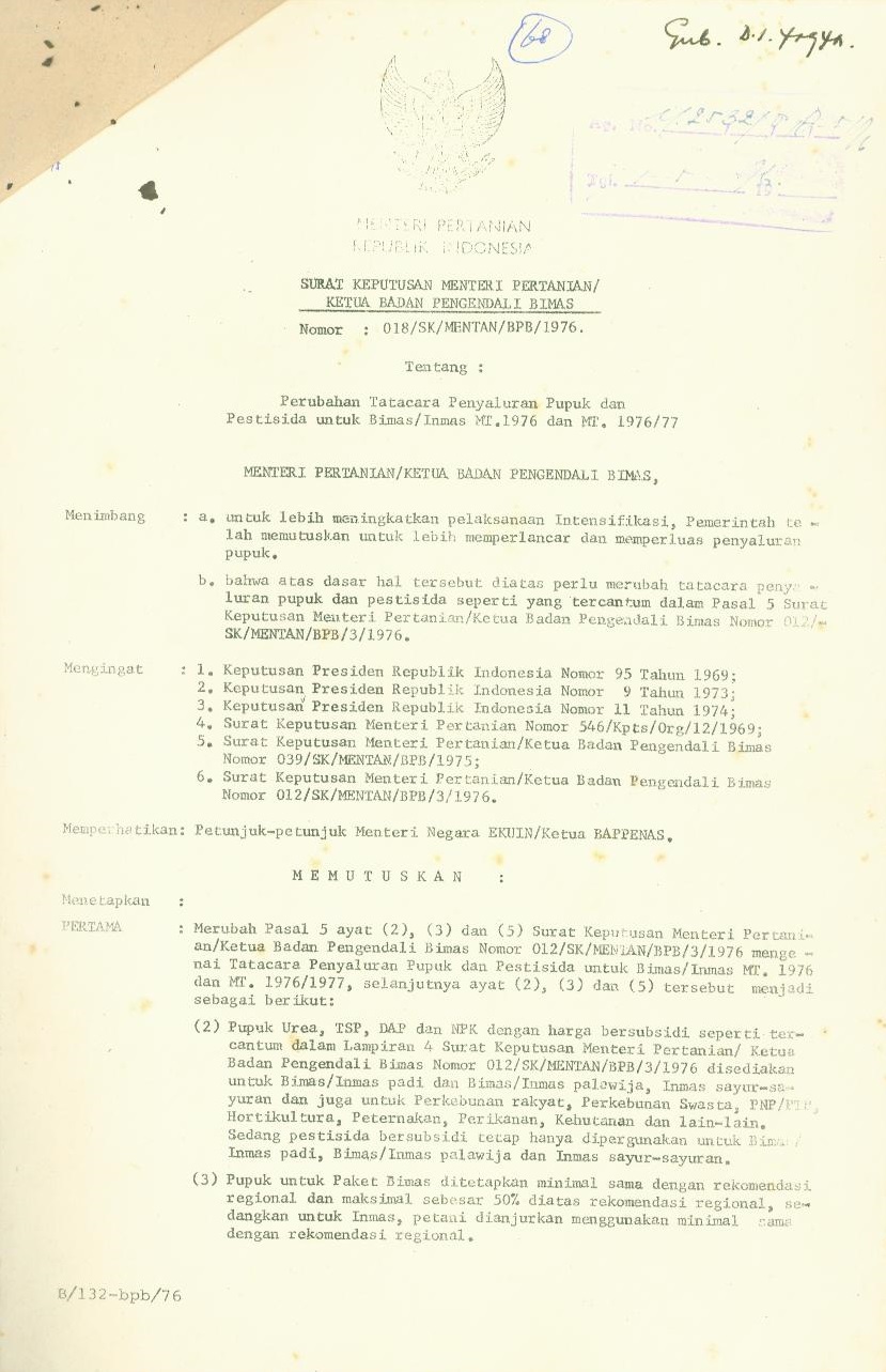 SK Menteri Pertanian tentang perubahan tata carapenyaluran pupuk dan pestisida untuk Bimas/Inmas menjelang tanam 1976/1977.