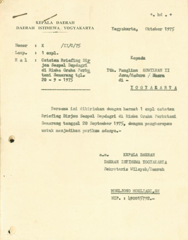         Briefing Dirjen Sospol Depdagri di    Semarang dengan acara masalah penjelasan Undang-undang Parpol dan Golkar No.   3 tahun 1975 tanggal 27 Agustus 1975