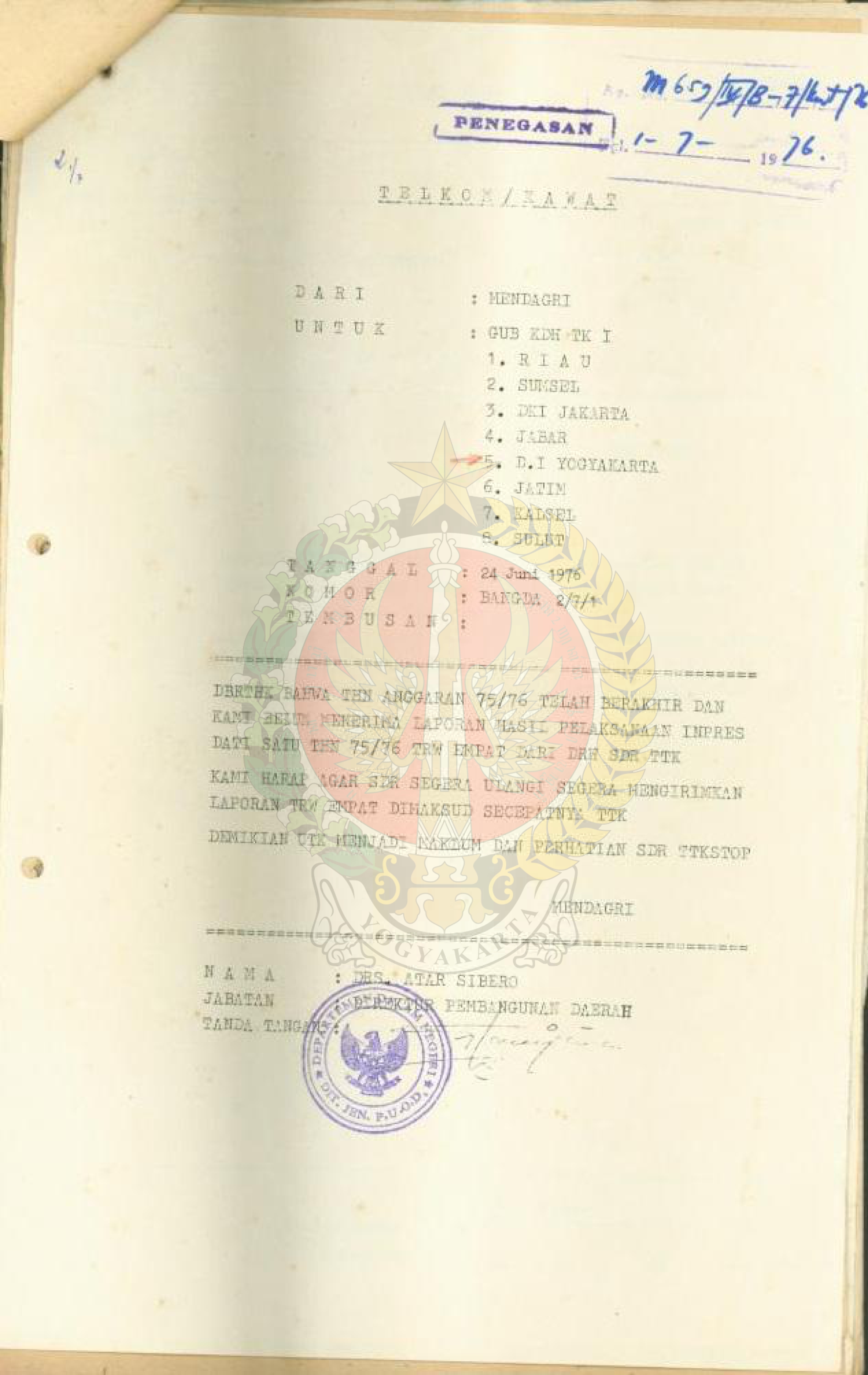 Laporan hasil pelaksanaan inpres programbantuan prop. DIY 1975/1976.