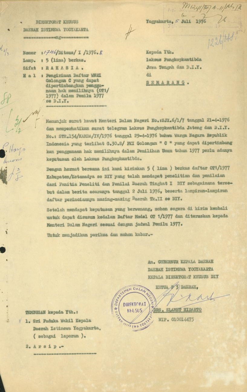         Daftar OT 1/1977 Kabupaten/Kotamadya se DIY sebagai bahan   pertimbangan penggunaan hak pilih pada Pemilu 1977