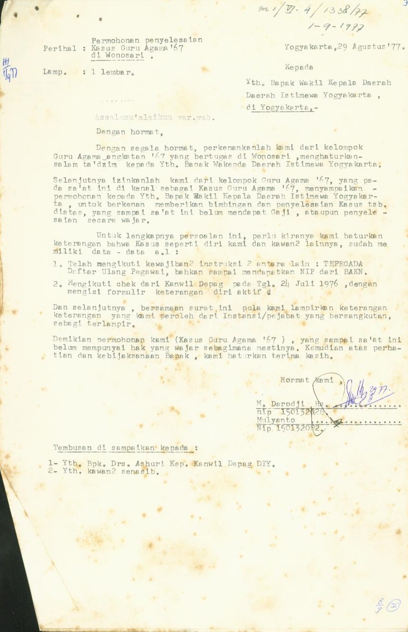         Berkas tentang kasus Guru Agama Tahun 1967 di Wonosari Gunungkidul   yang termasuk Golput