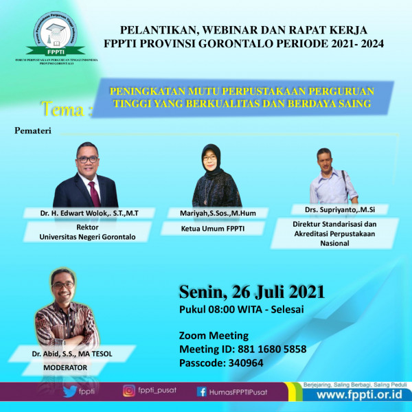 Pelantikan, webinar dan rapat kerja, FPPTI Provinsi Gorontalo periode 2021- 2024,